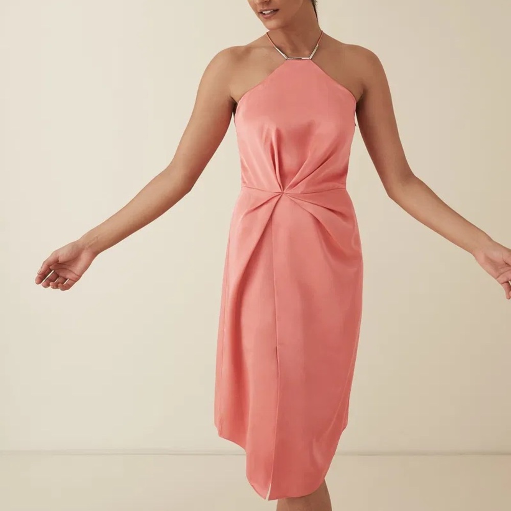 Reiss Paola Size 8 Halter Neck Twist-Front Midi Dress in Dusty Rose Peach